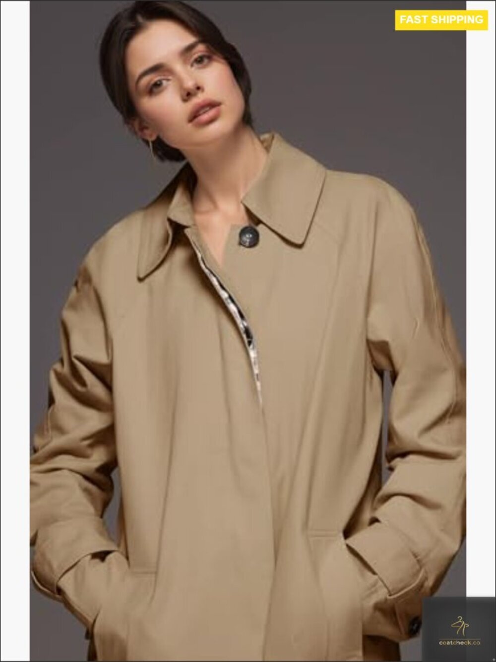 Oversized Trench Coat Classic Lapel Single Breasted Plaid Lined Windproof - Picture 4 of 7